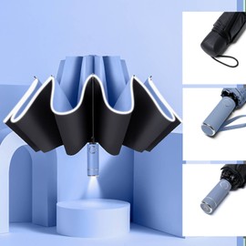10 Reinforced Bone Reverse Automatic Umbrella Windproof Rain and Sun Protection Umbrella for Traveling Blue with LED Lights