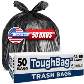 ToughBag 64-65 Gallon Trash Bags Heavy Duty, 50 x 48” Large Black Garbage Bags (50 Count) - Made In USA