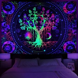 Krelymics Blacklight UV Reactive Tapestry Trippy Neon Wall Hanging Glow in Dark Art Decor