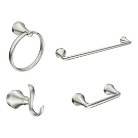 Moen Wellton Brushed Nickel 4-Piece Bathroom Accessory Collection, Includes Towel Ring, Robe Hook, Towel Bar, and Pivoting Toilet Paper Holder, Y1394BN