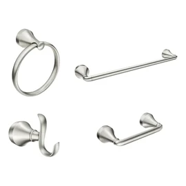 Moen Y1394BN Wellton 4-Piece Bathroom Accessory Set, Brushed Nickel, Includes 18" Towel Bar, Towel Ring, Robe Hook, and Pivoting Toilet Paper Holder