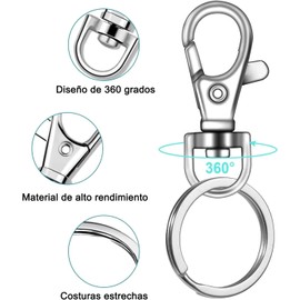 110 Ganchos para Llavero con Llaveros, Argollas para Llaveros con Mosquetón Giratorios Broches Anillos de Metal con Llavero para Fabricación de Joyas, Manualidades (55 Ganchos + 55 Llaveros) (plata)