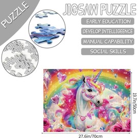 Pack of 1000 Puzzles for Adults Colourful Rainbow Unicorn Puzzle Unicorn Sparkling Heart Gemstones Roses 1000 Pieces Puzzles Fantsy Unicorn Horse Wall Decor DIY Craft Puzzle Decor Art