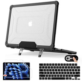Mektron Shockproof Case for MacBook Air 15 inch 2024/2023 with M3/M2 Chip Model A2941/ A3114, 15.3” Heavy Duty Protective Hard Shell Cover with Fold Kickstand with Keyboard Skin, B-Black