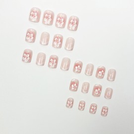 French Tip Press on Nails Short Square Fake Nails Hawaii Flower Design Summer Glue on Nails White Pink Gradient French Tip Nails Short Square Acrylic False Nails Kits Stick on Nails for Women 24PCS