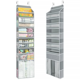 Yecaye 6-Tier Over the Door Organizer with 1 Detachable Bin, Extra-Large Door Organizer Hanging for Baby Diaper Caddy, Over the Door Storage Organizer for Bedroom Closet Newborn Baby Essentials, Grey