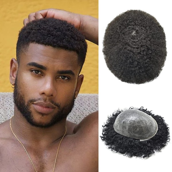 Healthlif Afro Toupee For Black Men African American Kinky Curly Hair Units For Black Men Injected PU Black Men Toupee Afro Mens Hairpieces 8mm Afro wave #1B Off Black