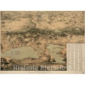Historical Map, 1860 Panorama de Mexico a Puebla, con Todos Los caminos, rios, poblaciones y Montes, Vintage Wall Art : 44in x 35in