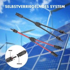 Solar Cable Y Splitter, Solar Branch Adapter Solar PV Parallel Adapter (1 to 2), Solar Panel Cable Y Branch Parallel Connector MMF+FFM for Parallel Photovoltaic Connection, 1 Red + 1 Black