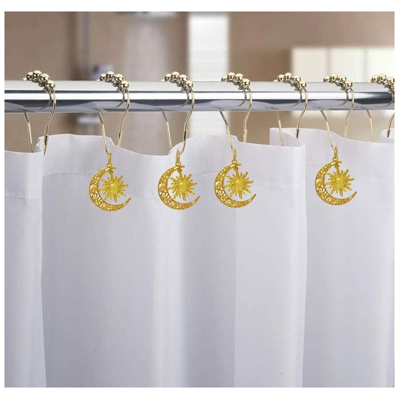 Celestial Shower Curtain Hooks 12 Pcs, Decorative Gold Sun Moon