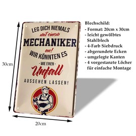 Leg dich niemals mit einem Mechaniker an - Retro Decorative Tin Sign - Metal Sign Workshop Accessories Decoration - Gift Car Mechanic Mechanical Engineer Precision Mechanic Tool Maker - 20 x 30 cm
