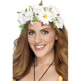 Smiffys Daisy Floral Headband, White , 1960's Groovy Fancy Dress, Hawaiian Dress Up Accessories