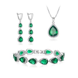 EleQueen Jewelry Set for Women, Silver Plated Green Teardrop Cubic Zirconia Necklace Dangle Earrings Bracelet Sets, Wedding/Anniversary/Birthday for Bridesmaid/Wife/Friend/Mom