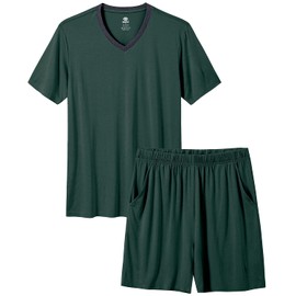 JINSHI Short Pajama Set for Men 2 Piece Pjs Bottom with Pocket Home Sleep Lounge Set Nightwear Sleepwear Dark Green,L