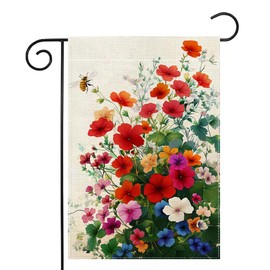 Spring Bee Red Geranium Garden Flag 12x18 Inch Double Sided Welcome Summer Colorful Flower Floral Yard Outdoor Flag House Holiday Outside Decoration