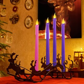 4 Pcs LED Flameless Advent Candle Set Christmas Advent Candles with Remote Christmas Advent Seasonal Celebration Candles Purple Pink Taper Candles for Church Advent Wreath Rituals(Melted, Remote)