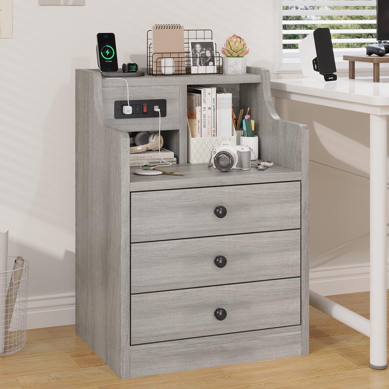 Tiptiper Nightstand with Charging Station, Grey Night Stands with Hutch,