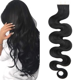 SEGO Tape in Hair Extensions Wavy 18 Inch Natural 100% Remy Human Hair Real Seamless Skin Weft Invisible Rooted Double Sided Tape Hair for Women 20pcs 50g -Jet Black -Body Wave
