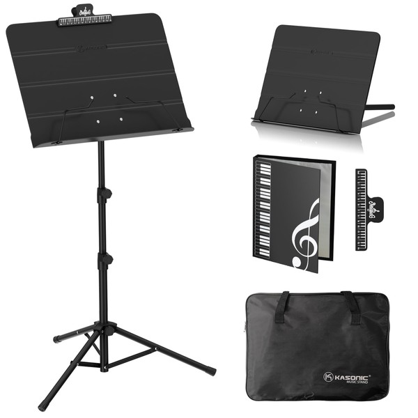 Kasonic Dual-Use Folding Sheet Music Stand & Desktop Book Stand with Portable Carrying Bag, Sheet Music Folder & Clip Holder (Black)
