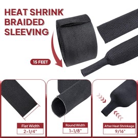 BuyUneed Heat Shrink Braided Sleeving, 2:1 Ratio Shrinkable Fabric Tubing Sleeve Abrasion Protection Cable Wire Sheath (1-1/8"-15ft)