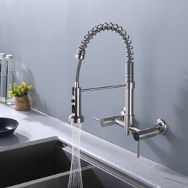 Fonveth Wall Mount Kitchen Faucet, 8 Inch Center Wall Mount Kitchen Sink Faucet with Pull Down Sprayer, Wall Mount Faucet with SprayerCommercial Wall Mount Faucet, Brushed Nickel