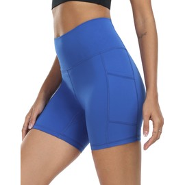 YUNOGA - Pantalones cortos de ciclismo para mujer, 6 / 8 pulgadas, pantalones cortos de yoga de cintura alta con bolsillos, pantalones cortos de elastano para entrenamiento de gimnasio, Azul Real, M