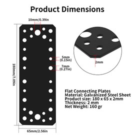 Plate Connectors, Flat Joint Wood Connectors, Connection Plate Metal Connectors, Black Flat Plate Support Repair Plate for Furniture (4 Black 180x65mm)