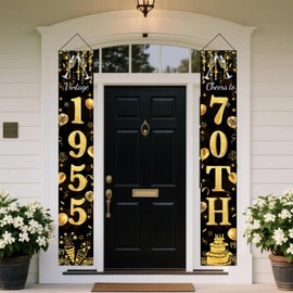Vintage 1955 Black Gold 70th Birthday Door Banner Elegant Cheers to 70th Birthday Decor Black Gold Banner for Women, Porch Sign Backdrop, Indoor Outdoor Milestone Celebration Supplies Decor