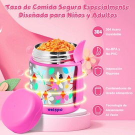 WEISPO Tarro de 304 Acero Inoxidable Aislado Al Vacío para Niños con Cuchara, Termo de Sopa de 10 Onzas de Alimentos, Termo para Comida Caliente, Termo para Viajes Escolares (3D Flower Fairy Rosa)
