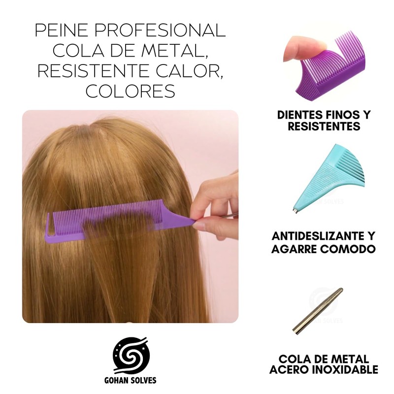 Peine Profesional Cola De Metal, Resistente Calor, Varios Colores (CREMA)