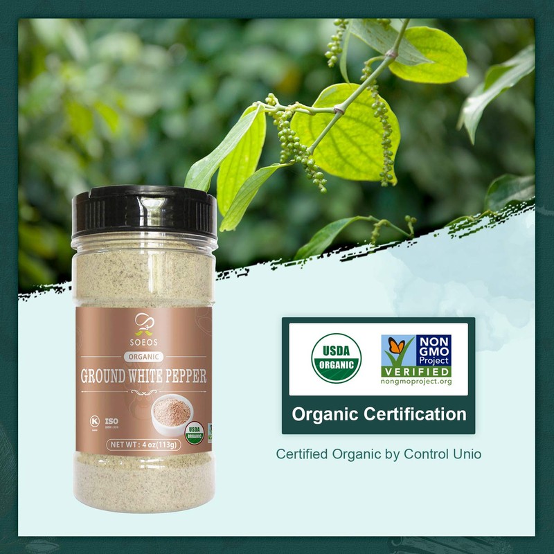 Soeos Organic White Pepper Ground Fine 4oz (113g), Non-GMO, Organic,