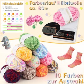 Katech 4 x 50 g (200 g) Multicoloured Crochet Yarn, Cotton for Crochet, Crochet Wool Set with Crochet Ring, Knitting Yarn Wool for Knitting Hats, Scarves, Socks, Children's Clothing, Colour Gradient