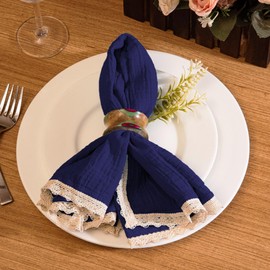 FINGERCRAFT Servilletas de Tela para Cena de Algodón Muselina Doble Gasa Paquete de 12 con Encaje Clásico para Uso Diario, Boda, Navidad, Pascua - Las Servilletas de Tela son Preencogidas y de Buena
