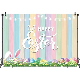 LTDKAEN Colorful Wooden Happy Easter Backdrop Colorful Eggs Rabbit Green Grass Easter Party Decoration(240×180cm)