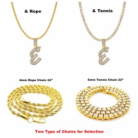 FW Jewelry Men Women Iced Out Hip Hop Silver Gold Bling Diamond Paved Initial Letter Pendant Tennis Chain Necklaces A to Z 20” (Gold, E)