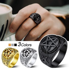 FaithHeart Black Men Five-pointed Star Pentacle Band Ring Stainless Steel Statement Signet Rings Wicca Jewelry Size 8
