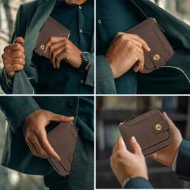 LJCZKA Wallets for Men Zip Around Leather Wallet Bifold Large Capacity Card Holders Multiple Compartments with Coin Pocket, Card Slots, Flap ID Window (Light Coffee)