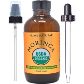 PRIME NATURAL Organic Moringa Oil USDA Certified, 100% Pure, Cold Pressed, Virgin, Unrefined Oil (4oz /120ml) - Joints, Skin, Face, Body & Hair - Vegan - Food Grade - Natural Moisturizer