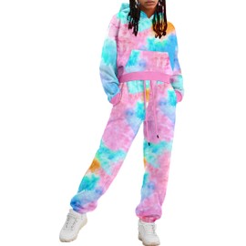 AGERWAY Girls Clothes Fall Clothing Fashion Tie Dye Hooded Tops and Elastic Drawstring Sweatpants 2 Piece Sweat Suits for Girls Tween Winter Outfit Size 10-12