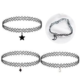 Visxcnu Pack of 4 Tattoo Chains 90s, Lightweight Tattoo Chain Stretch, Choker Chain Women's Fashionable Vintage, Hollow Weave Tattoo Necklace, Chain Rhombic Star Beads for Girls Women Girls Children,