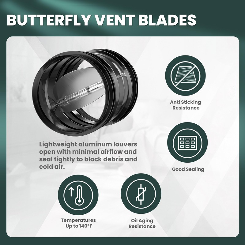 4" Backdraft Damper, One-Way Airflow Duct Insert with Spring-Loaded Aluminum