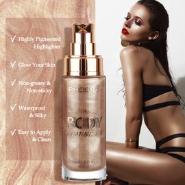 PHOERA High Gloss Waterproof Body Luminizer Glitter Face Shimmer Moisturizer Lotion Tan Cream Foundation Makeup Bronzer AQUAPURITY - 101 Rose Gold