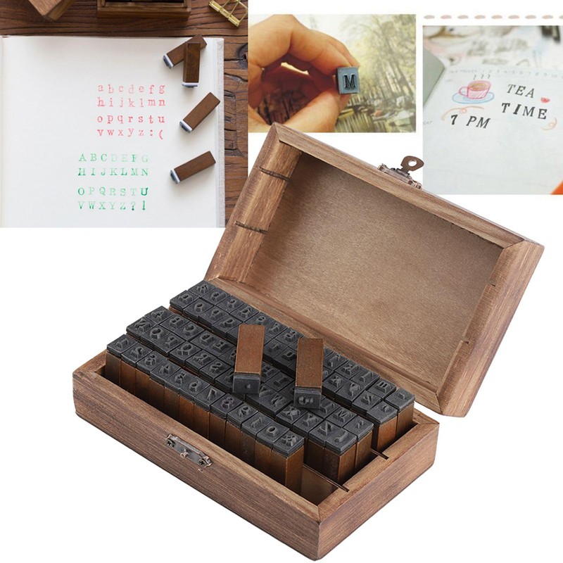 70PCS Vintage Wood Alphabet Rubber Stamps Set in Reusable Wooden