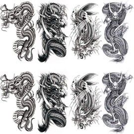 Yesallwas Tattoo Stickers, Dragon, Body Stickers, Men's, Waterproof, Long-lasting, A: Set of 8 (5.9 x 8.3 inches (15 x 21 cm))