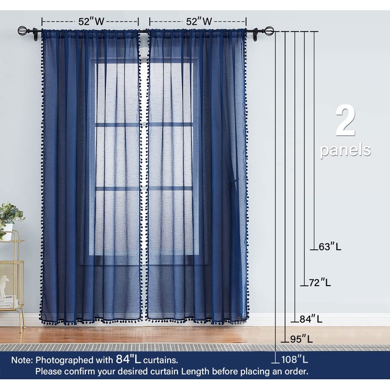Pom-Pom Blue Sheer Curtains for Bedroom 63" Window Drapes Rod