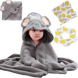 VOSHOME Toalla de Baño para Bebe, Toalla de Baño con Capucha para Bebe Super Absorbente, Toalla para Niños, con Toalla Pequeña y Baberos para Bebé, para ninos 0 Mes - 3 Años (1, Gris)