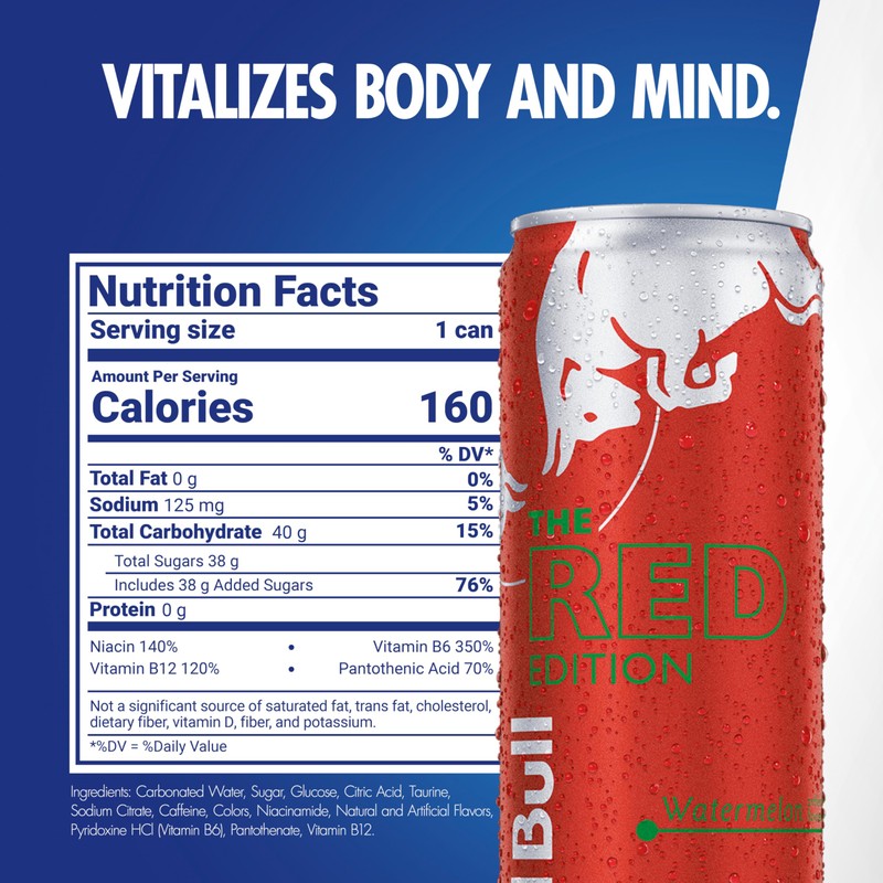 Red Bull Red Edition Energy Drink, Watermelon, with 114mg Caffeine