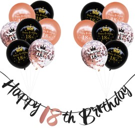 18th Birthday Decorations for Girls, 16 PCS Black Rosegold Happy 18th Birthday Banner Bunting with Helium Latex Confetti Balloons, 18th Happy Birthday Decorations for 18th Birthday Party Supplies