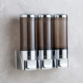 Shower Soap Dispenser 3-Chamber,Drill Free with Glue or Wall Mount with Screws Manual Hand 300ML Dispenser Shampoo Shower for Bathrooms,Chrome