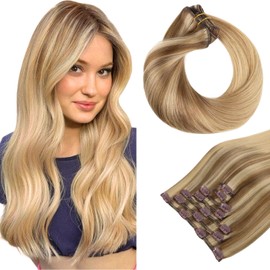 HOTBANANA Human Hair Clip in Hair Extensions, Balayage Coffee Brown Highlighted Sandy Blonde 120g Clip in Hair Extensions Real Human Hair Straight Remy Hair 22 Inch 7pcs